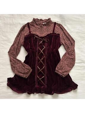Axes Femme Burgundy velvet lace up corset overlay top with long sleeves